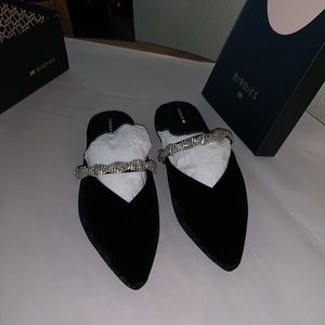 Black velvet mules by Birdies. Size 9. Never worn.